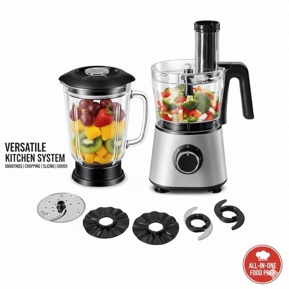 Food Processor Blender Combo, 10-in-1 Multi-Purpose Electric Food Processor for Slicing, Dough Kneading, Chopping & Puree, 1.5L Glass Blender Jar & 1.5L Processing Bowl, 300W, 2 Speeds Pulse, Black