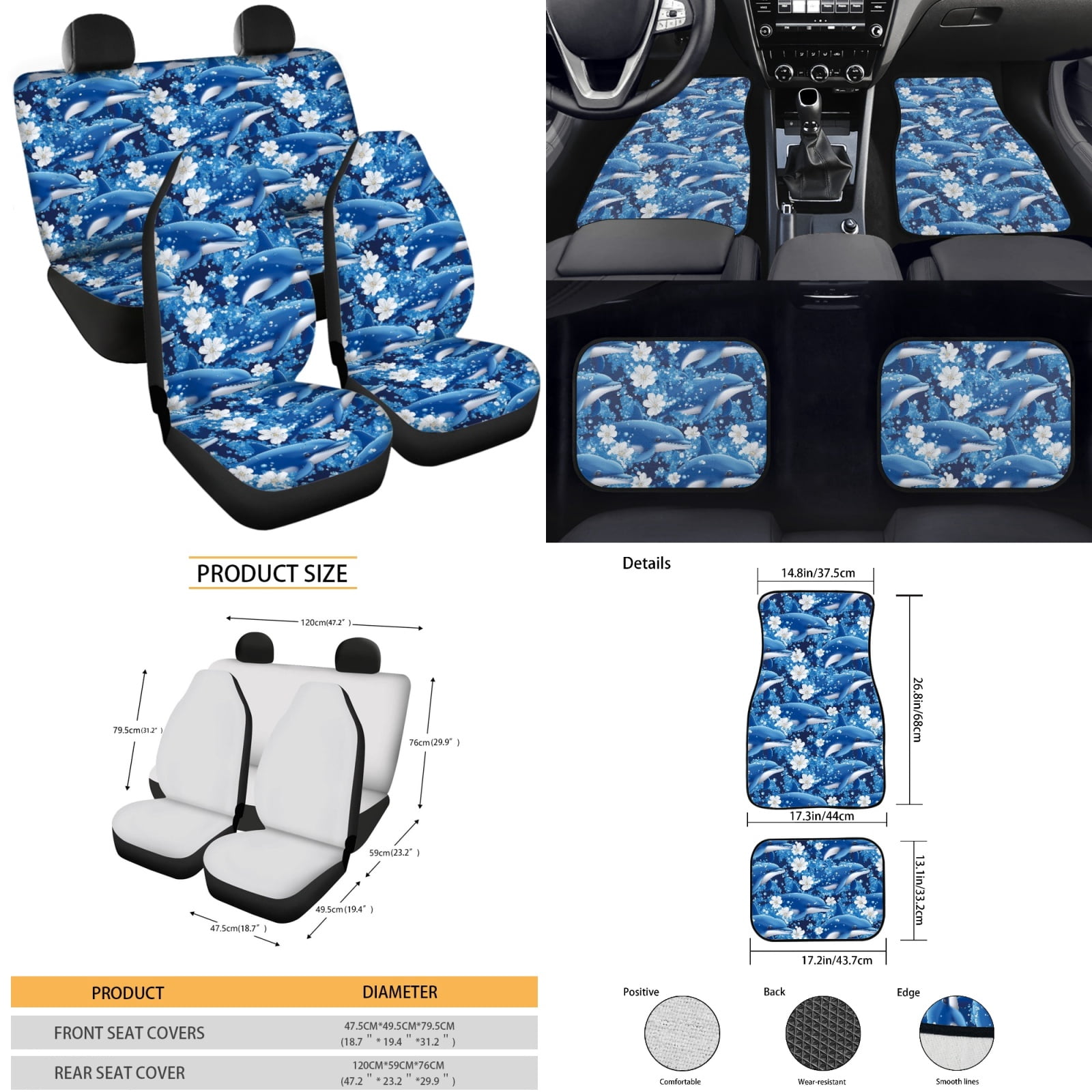 Yuyamidu Blue Dolphin Car Seat Cover Set with Floor Mats Flower Steering Wheel Cover Seat Belt Cushion Pad Auto Handbrake Cover Set Car Coasters, 15 Piece