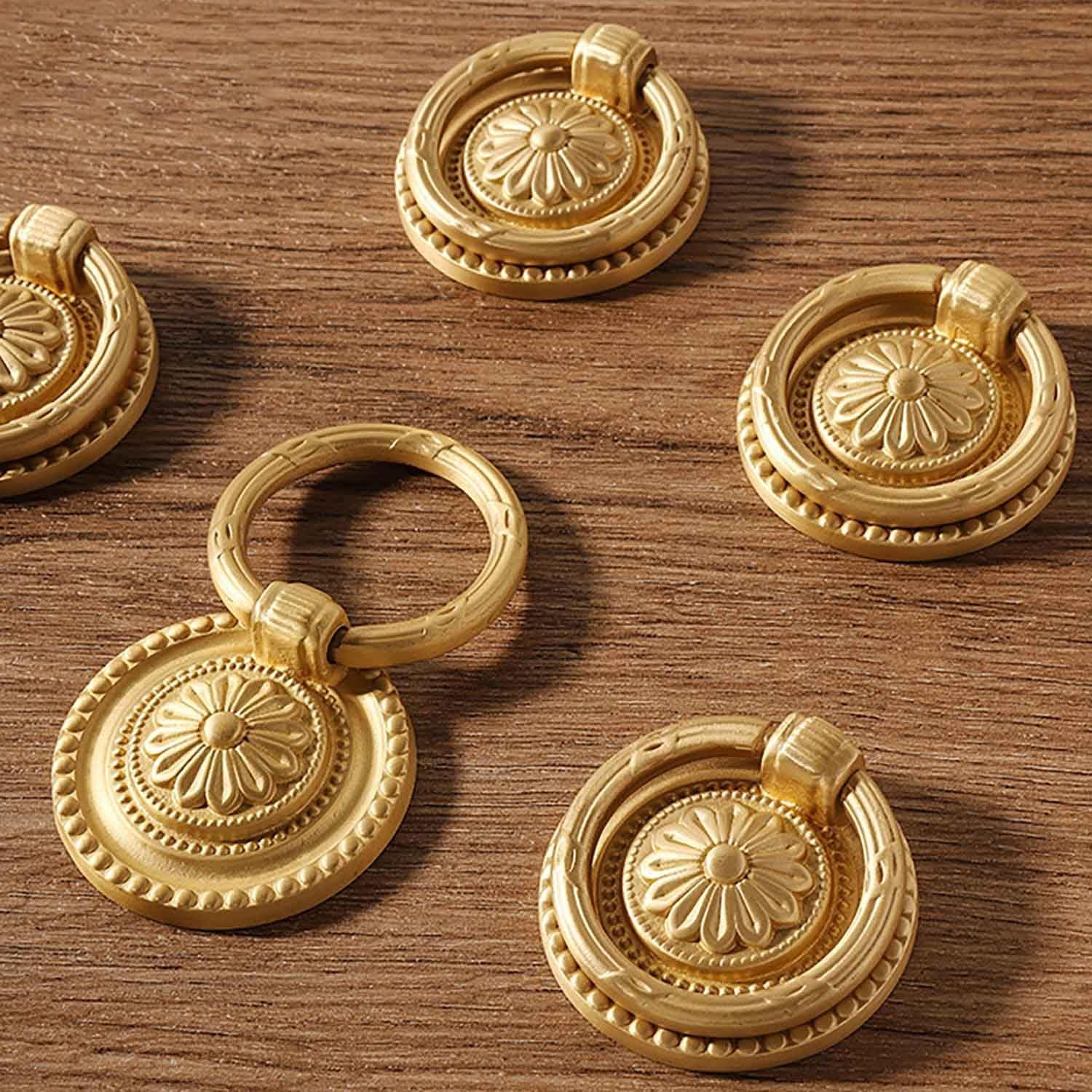 CATPAN Ring Drawer Knobs, Brass Retro Vintage Flower Pattern Brass Cabinet Knobs Dresser Cabinet Pull Ring Gold Cabinet Cupboard Knob for Dresser Drawers Single Hole Knob (2PCS)