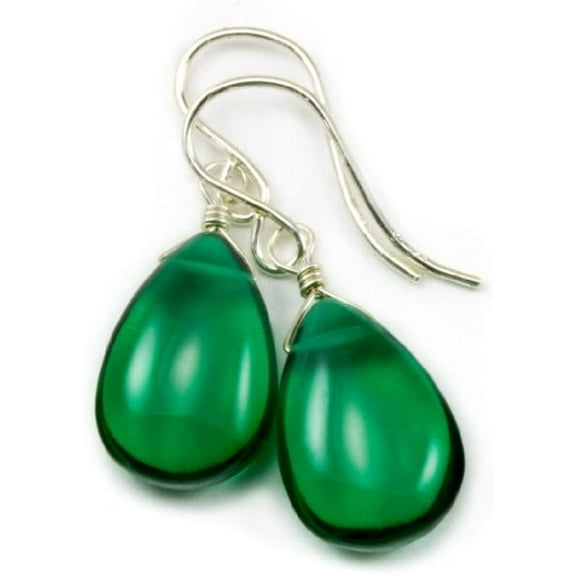 Sterling Silver Simulated Emerald Green Earrings Smooth Pear Shaped Drops Designed for Adult Women