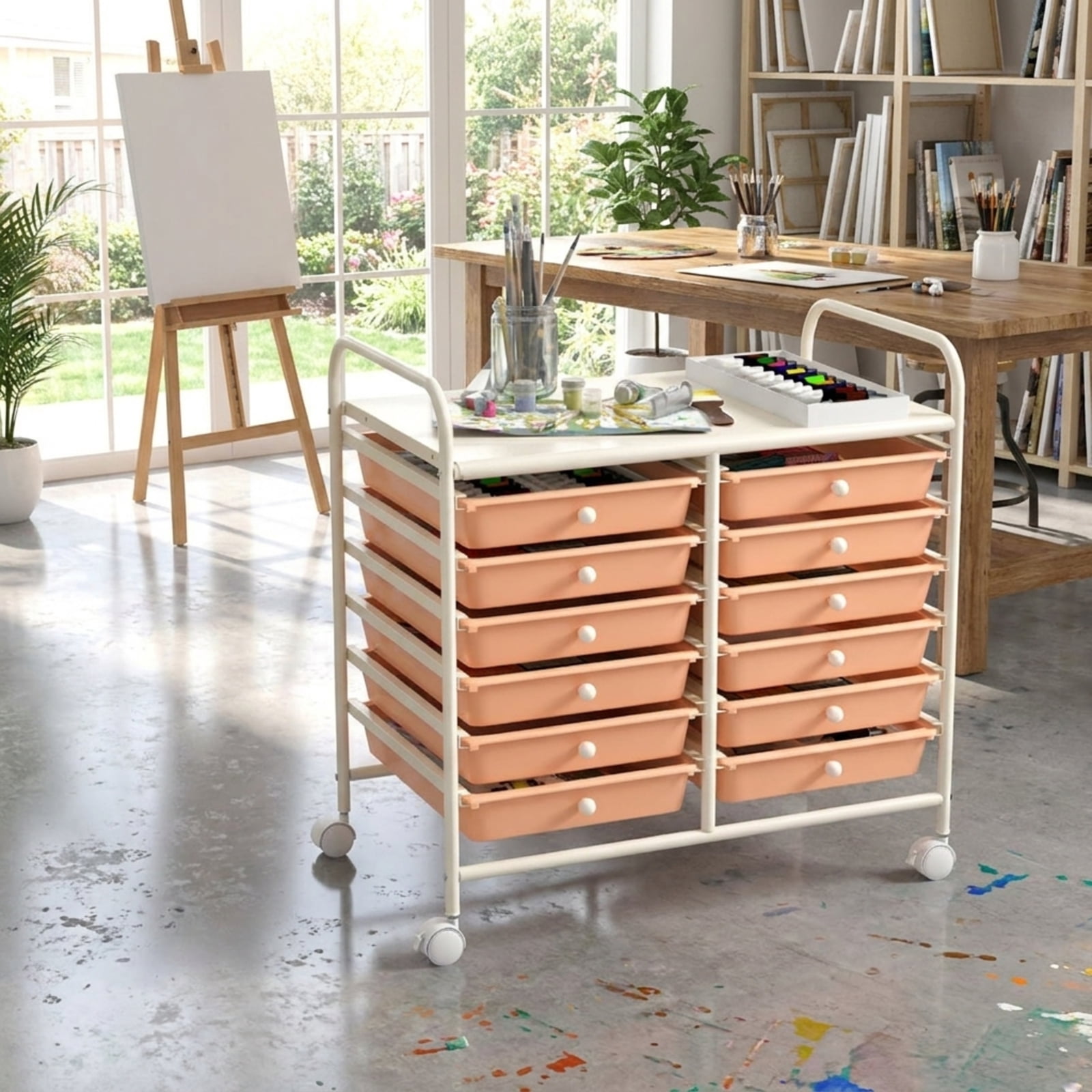 Furnibear 12 Drawers Rolling Storage Cart for Home and Office Multi Organizer for Craft Room Classroom, Peach