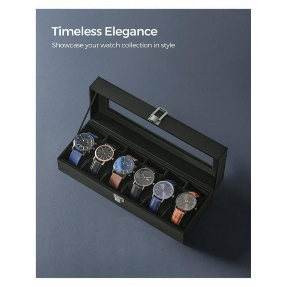 Watch Box, 6-Slot Watch Case With Large Glass Lid, Removable Watch Pillows, Watch Box Organizer, Gift For Loved Ones, Black Synthetic Leather