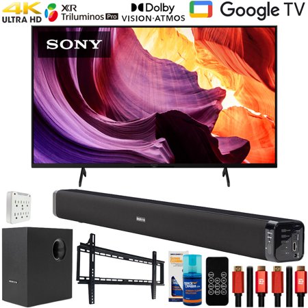 Sony KD85X80K 85" X80K 4K Ultra HD LED Smart TV (2022 Model) Bundle with Deco Gear Home Theater Soundbar with Subwoofer, Wall Mount Accessory Kit, 6FT 4K HDMI 2.0 Cables and More