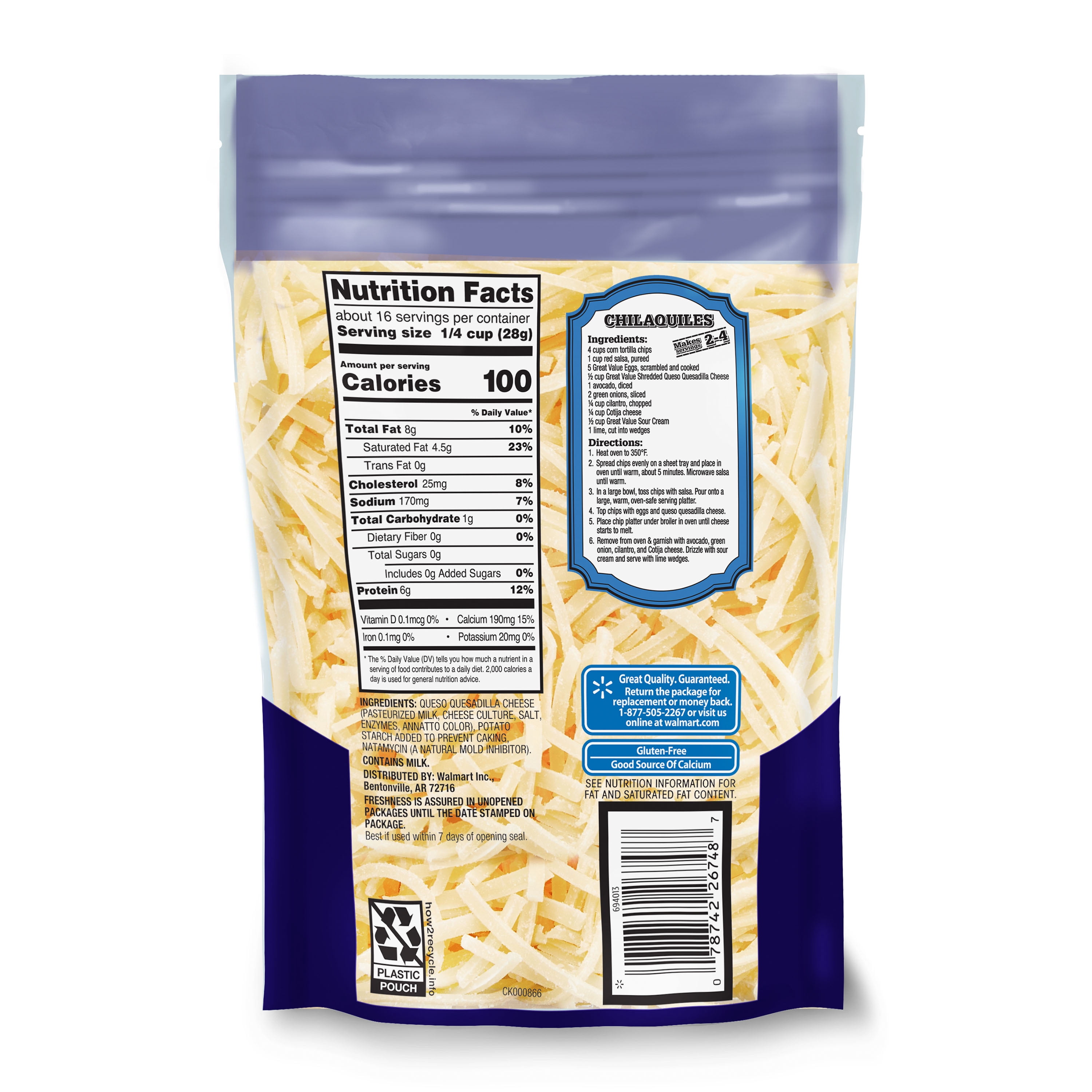 Great Value Queso Quesadilla Shredded Cheese, 16 oz Bag