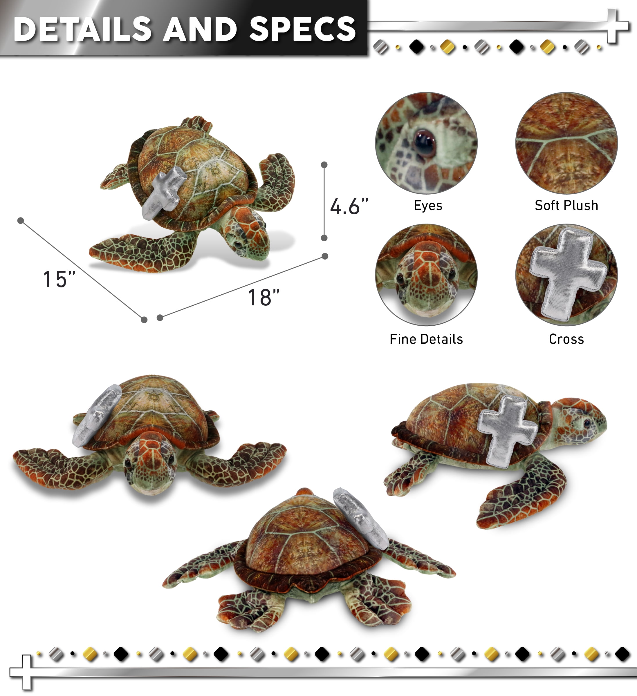 DolliBu Wild Collection Sea Turtle Stuffed Animal with Silver Cross Plush - Baptism Gifts for Boys and Girls, Dedication Christening Gifts Plush Prayer Toy Healing Stuffed Animal - 14 Inches