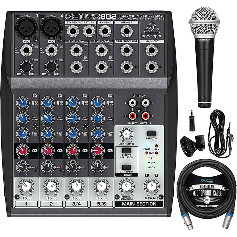 Behringer XENYX 802 Audio Mixer with Samson R21S Microphone, Blucoil Cable - Walmart.com