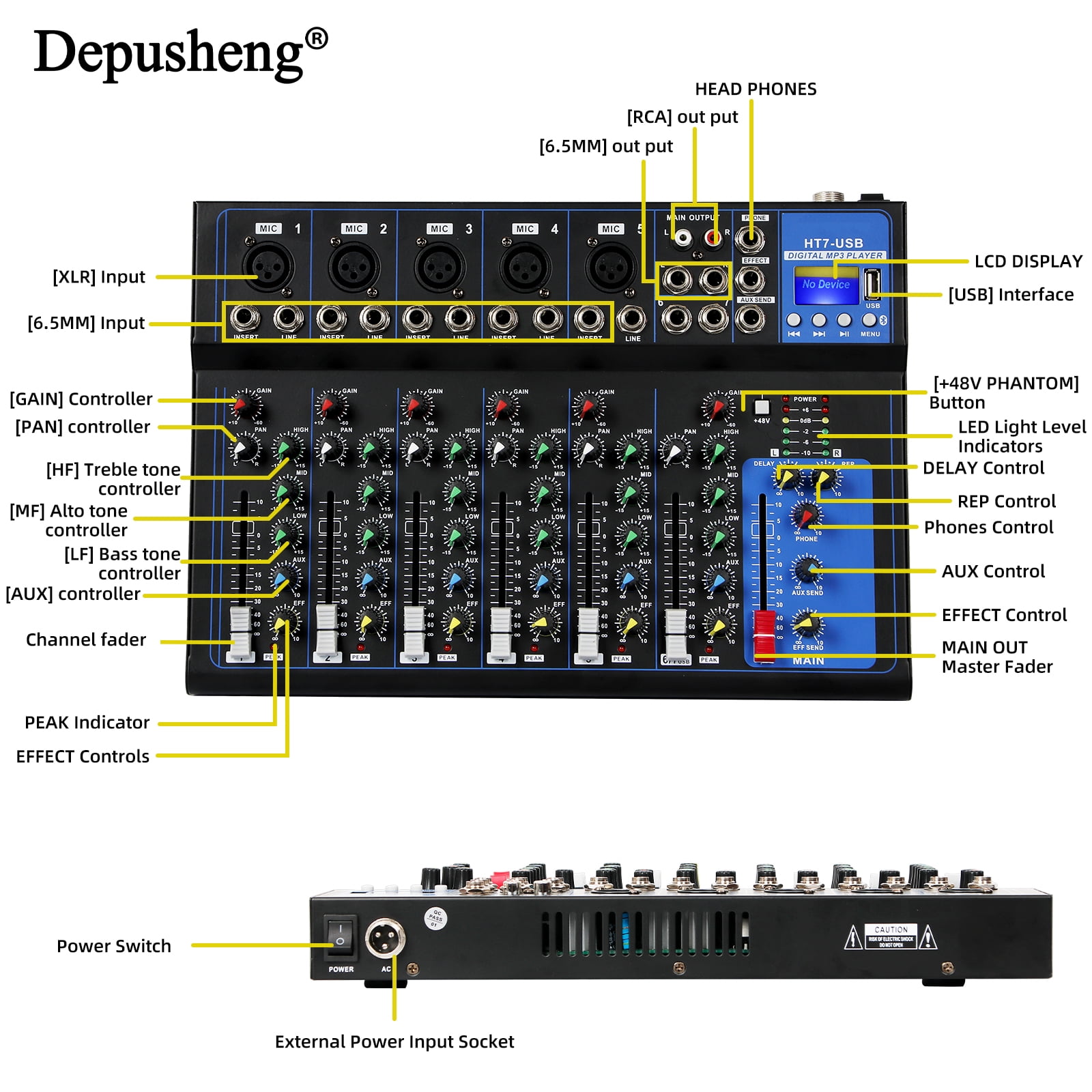 Depusheng HT7 Professional Audio Mixer Mixing Console 48V ower for Computer Recording, 7-Channel Bands Mixing Boards For Studio Recording