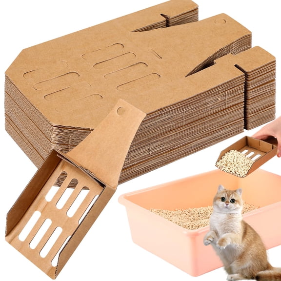 30 Pcs eco-friendly cat litter scoops, portable w/ holder, fits all clumping litters (clay/wheat/corn), travel-friendly, for small-large boxes. Brown
