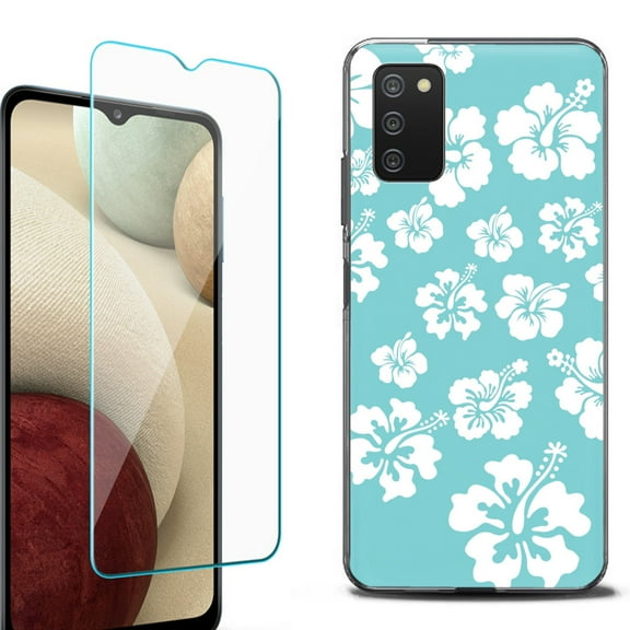 Slim-Fit Protective Fashion Phone Case (Black) for Samsung Galaxy A03s, with Tempered Glass Screen Protector, by OneToughShield ® - Hibiscus Teal