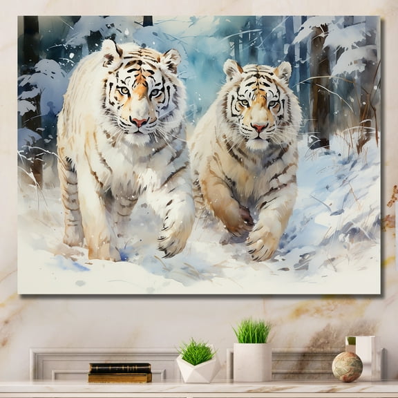 Designart "Playful White Tigers in the Snow IV" Animals Wall Art - Modern Farmhouse White Tiger Bedroom Canvas Wall Art