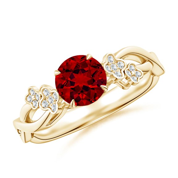ANGARA Lab Grown 1 Ct Nature-Inspired Round Ruby Floral Engagement Ring for Women in 14K Yellow Gold (Size-6mm) | July Birthstone, Birthday, Anniversary, Jewelry Gift for Women | Lab-Grown Ruby Ring