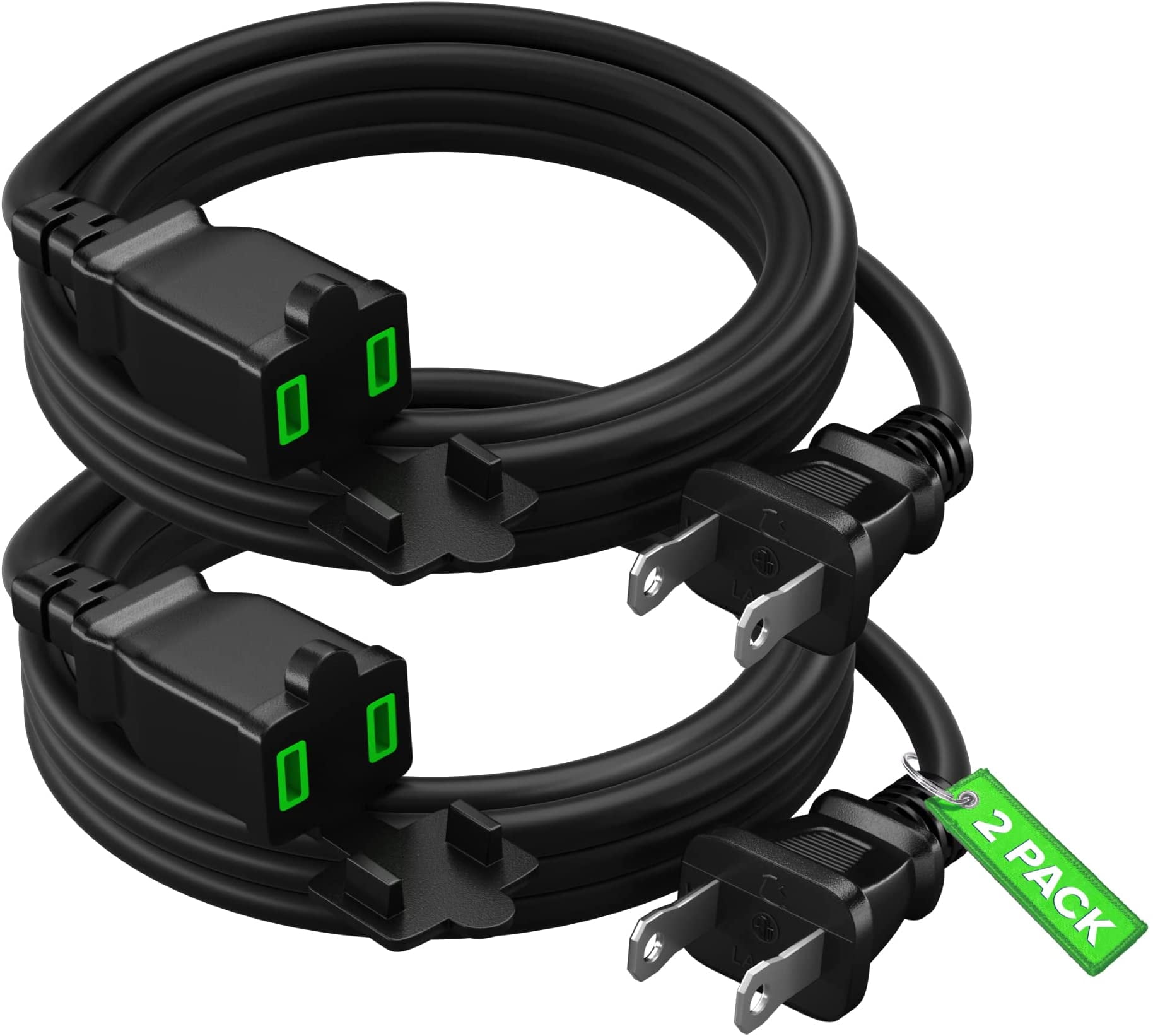Extension Cord 6 ft, 2 Prong Black (2 Pack) Power Cord, 16 Gauge Wire with Outlet Safety Cover