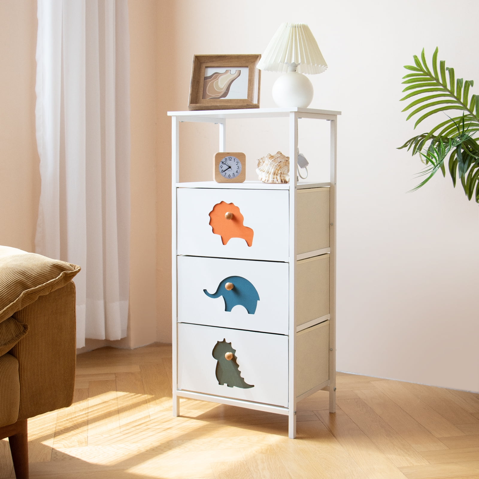 FRAPOW 3 Drawer Dresser, Storage Organizer Dressers with Wood Top Sturdy Steel Frame Storage Organizer Unit, Kids Dresser with 3 Fabric Drawers Shelf, White