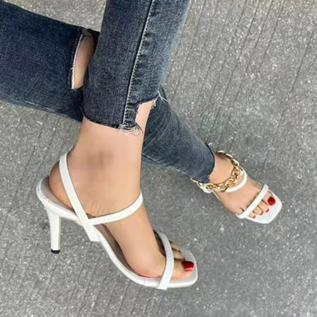 

QWANG 2023 Womens Shoes Summer Fashion CasualHigh Heels Elastic BandStrap Sandals White