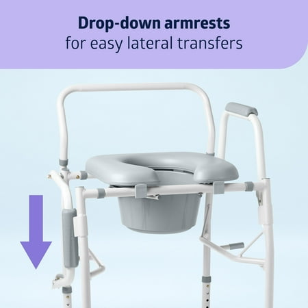 Medline Drop Arm Commode, Swing Away Arm for Easy Transfer, with Padded Seat, Supports up to 350 lbs, Gray