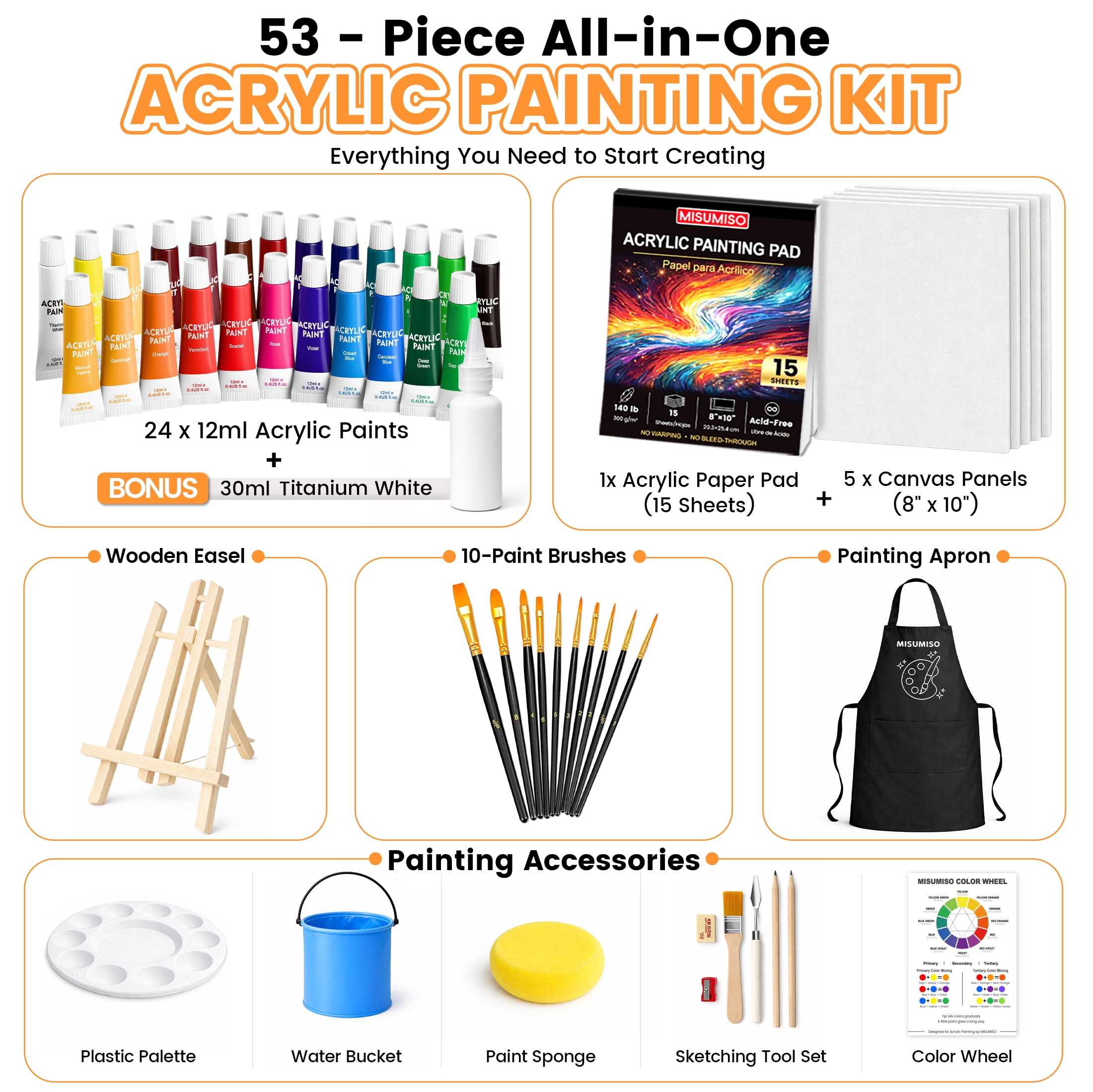 MISUMISO Acrylic Paint Kit for Beginners, 24 Colors Art Set with Canvas, Brushes & Easel