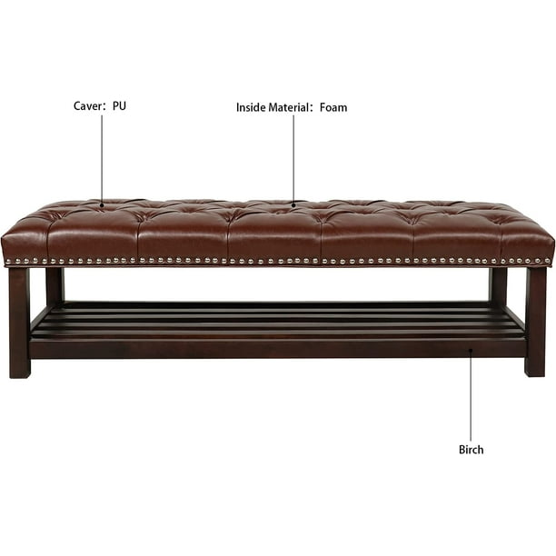 60 Inch Upholstered Bench Leather Fabric with Buttons Tufted Upholstery