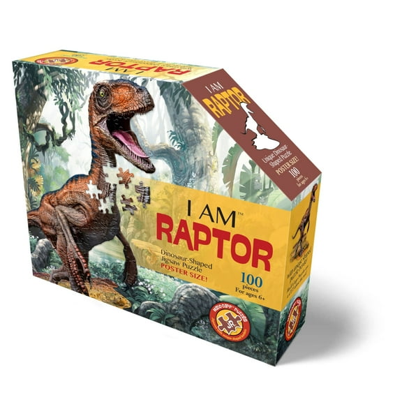 Madd Capp RAPTOR 100 Piece Jigsaw Puzzle For Ages 6 And Up - 4016 - Unique Animal-Shaped Border, Poster Size when completed, Oversized Puzzle Pieces For Easy Handling, Includes Educational Fun Facts