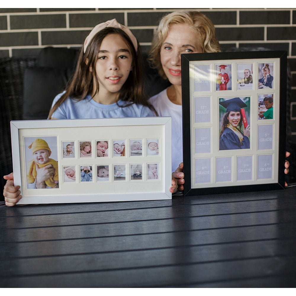 WOOD SIDE ORBIS School Years Picture Collage Frame with Double White Mat, Displays 5x7 & Twelve 2.5x3.5 Photos