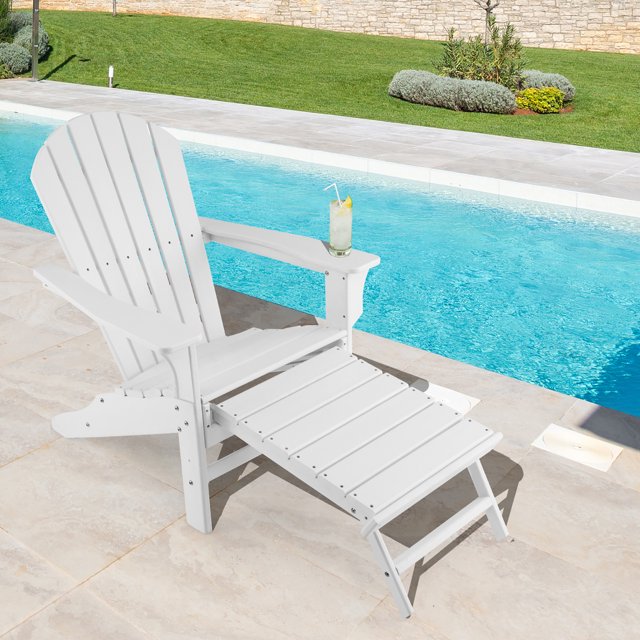 Costway Outdoor Patio HDPE Deck Adirondack Chair Beach Seat Retractable Ottoman White
