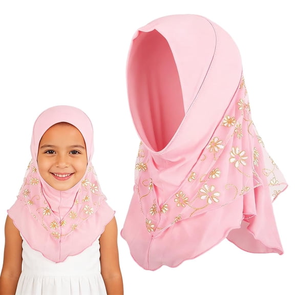 Kids Hijab for Girls 2-6 Years, Full-Coverage Head Scarf for Girls, Lace Pink Floral Patchwork Soft Muslim Prayer Hijabs Scarf Islamic Head Covering for School, Mosque & Daily