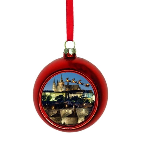 - Santa Klaus and Sleigh Riding Over The Prague Castle, Praha Czech Republic Bauble Christmas Ornaments Red Bauble Tree Xmas Balls