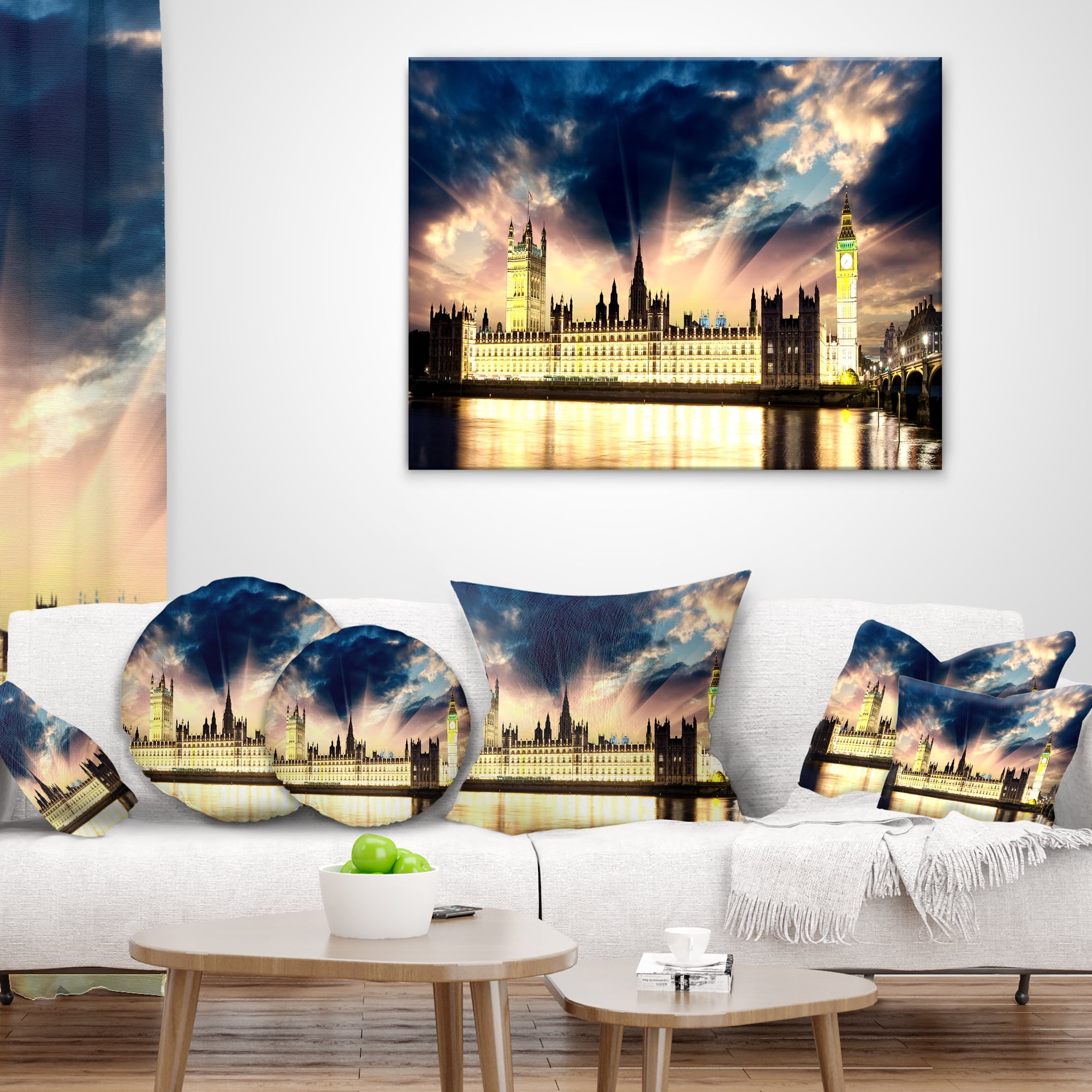 Designart Parliament at River Thames - Cityscape Photography Throw Pillow - 18x18