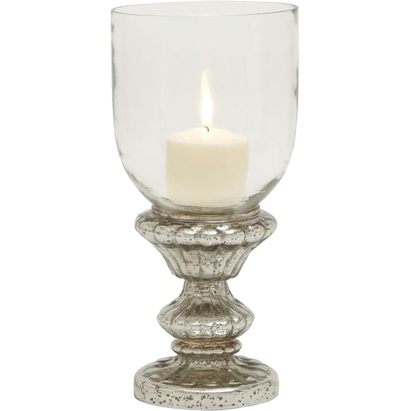 Deco 79 Glass Handmade Turned Style Pillar Hurricane Lamp with Faux Mercury Glass Finish, 7" x 7" x 14", Silver