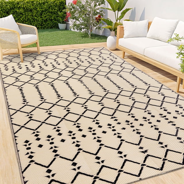 Alfombra de exterior Smiry, 152 x 244 cm, impermeable y reversible, color beige
