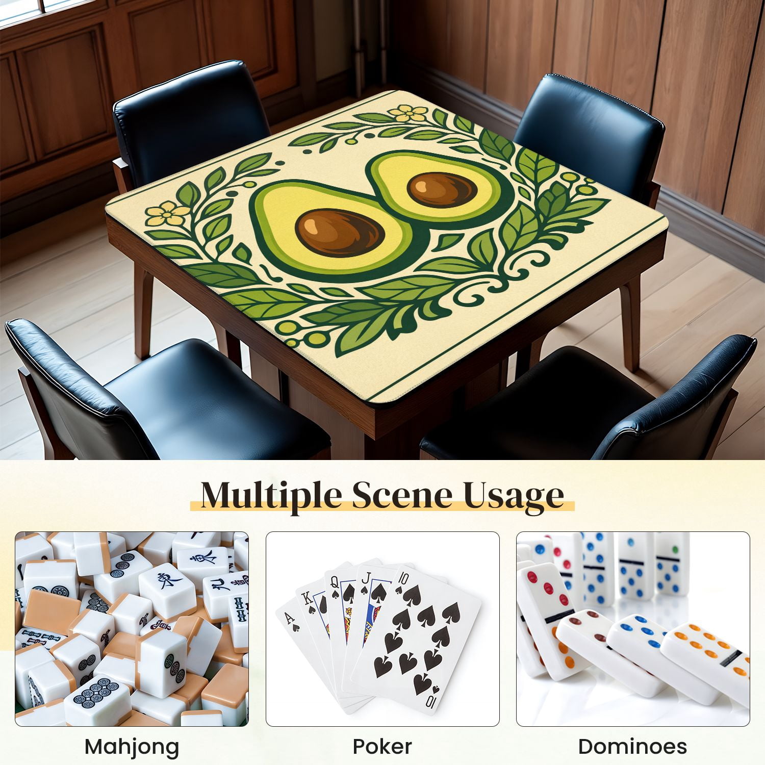 Mahjong Mat 31.5" x 31.5" Avocado Pair Green Leaves Floral Border Non-Slip Noise Reduction Mahjong Tiles Table Cover for Dominoes Poker Card Board and Tile Games
