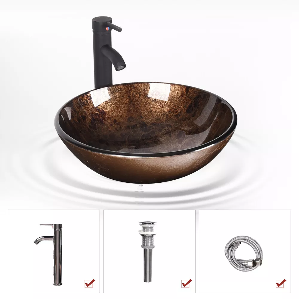FULLWATT Tempered Glass Container Sink Vanity Bowl Chrome Faucet Pop Up Drain Clear