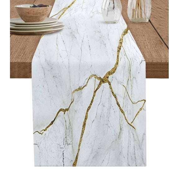 White Gold Marble Table Runner Modern Farmhouse Abstract Patterned Tablerunners 14 x 72 Inch, Table Decorations Tabletop Scarf for Summer Gathering Holiday Farmhouse Kitchen Dining Decor