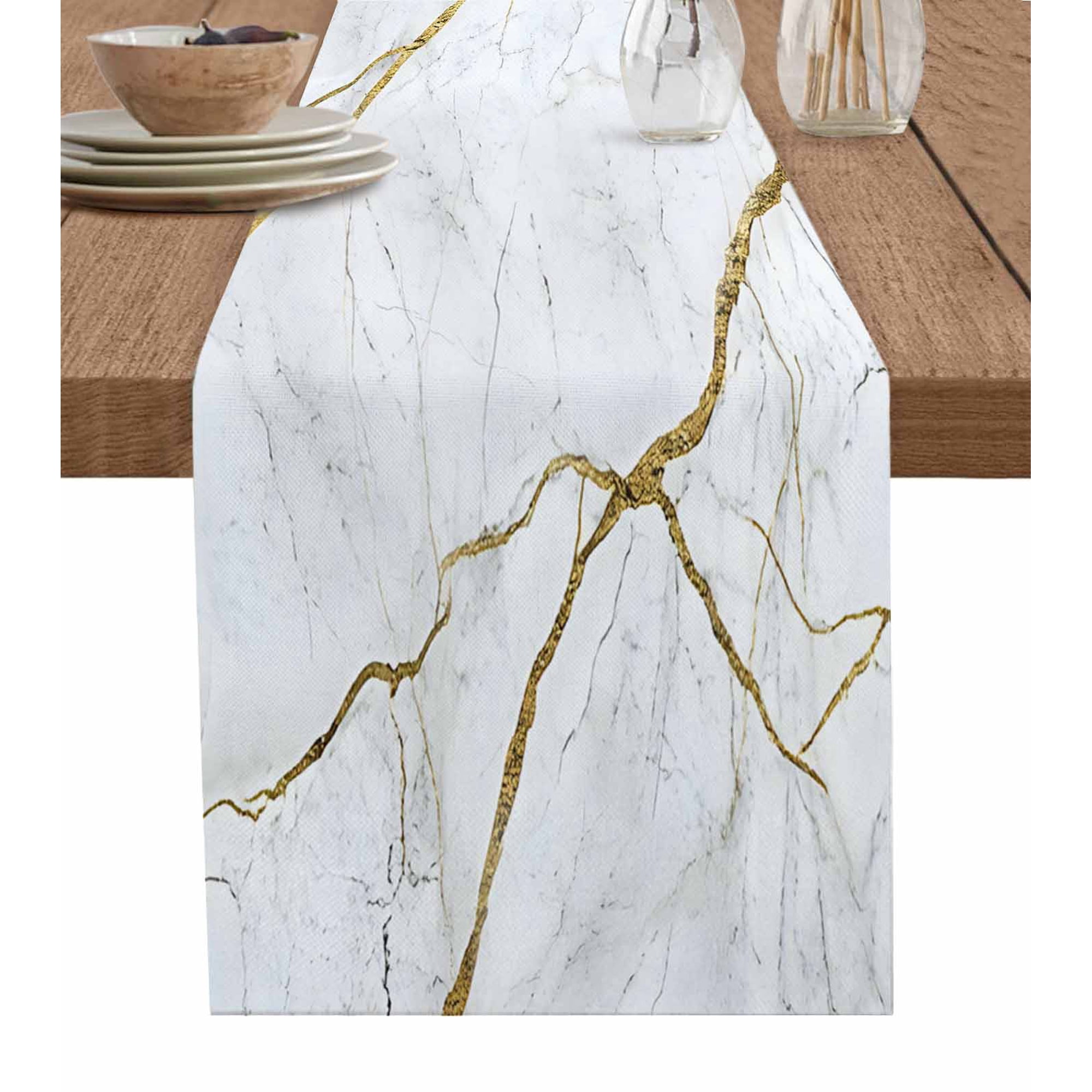 Boanket White Gold Marble Table Runner - 90 Inch Long Kitchen Dining Table Runner Dresser Scarves Modern Farmhouse Abstract Patterned Farmhouse Decor for Coffee Tables Wedding Party Banquet