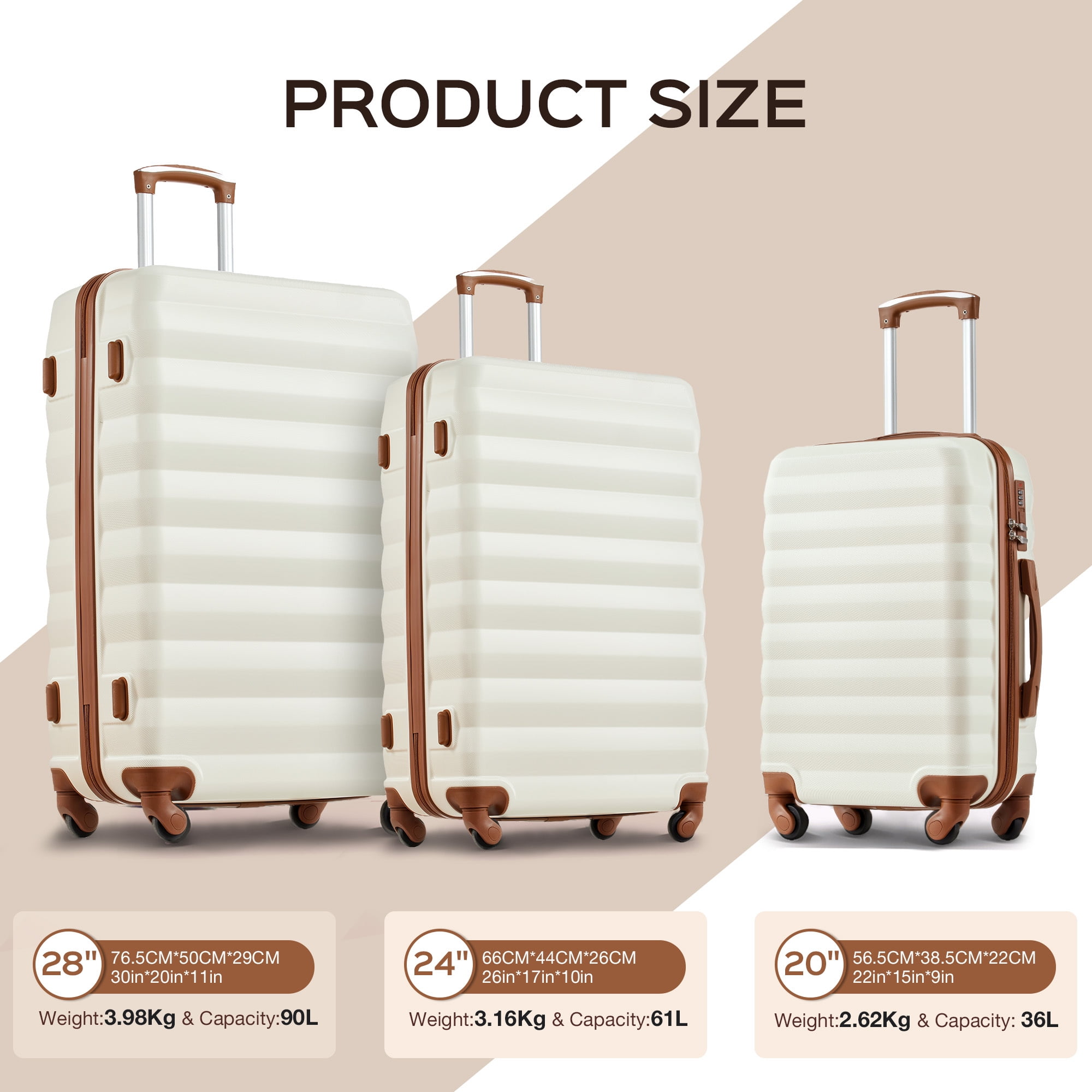 Gowill 3 Piece Luggage Sets 20"/24"/28" Lightweight Hardside ABS Checked Suitcases with Spinner Wheels, White&Brown