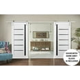 thumbnail image 3 of Sturdy Double Barn Door with | Quadro 4588 White Silk with Black Glass | 13FT Rail Hangers Heavy Set | Solid Panel Interior Doors-72" x 80" (2* 36x80)-Silver Rail-Black Glass, 3 of 6