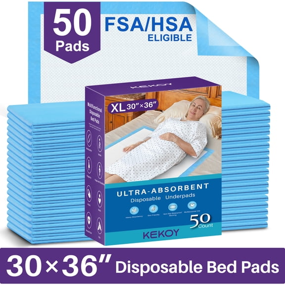 KEKOY Bed Pads for Incontinence Disposable 30 x 36", FSA/HSA 3x Super Absorbent Disposable Underpads, Anti Slip Backing Adult Pee Pads for Bed, 50 Count