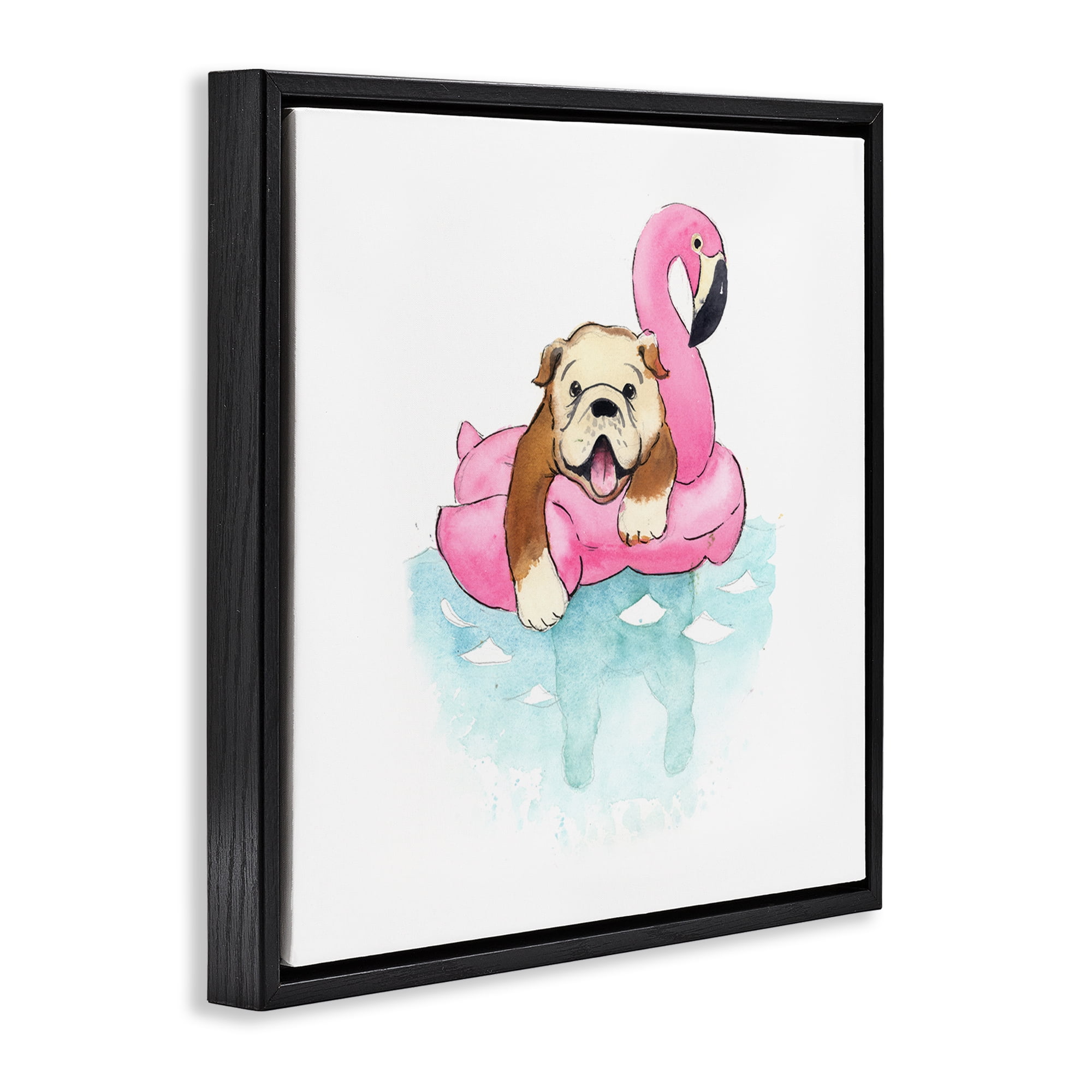 Stupell Industries Bulldog in Pool Float Animals Painting Black Floater Framed Canvas Art Print Wall Art, 25 x 25
