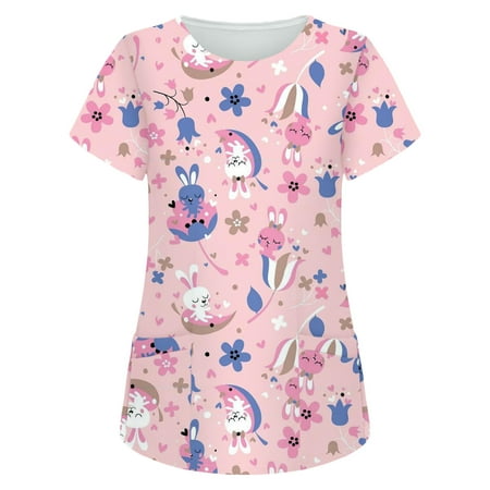 

Xutthjh Women Scrubs Top Short Sleeve Tops Working Uniform Easter Rabbit Printed Pocket Blouse