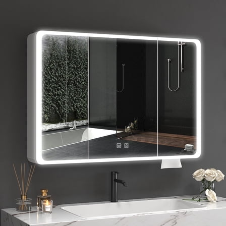 Yamissi LED Bathroom Mirror Medicine Cabinet, 3-Door Wall Mount Storage, Dimming & Anti-Fog