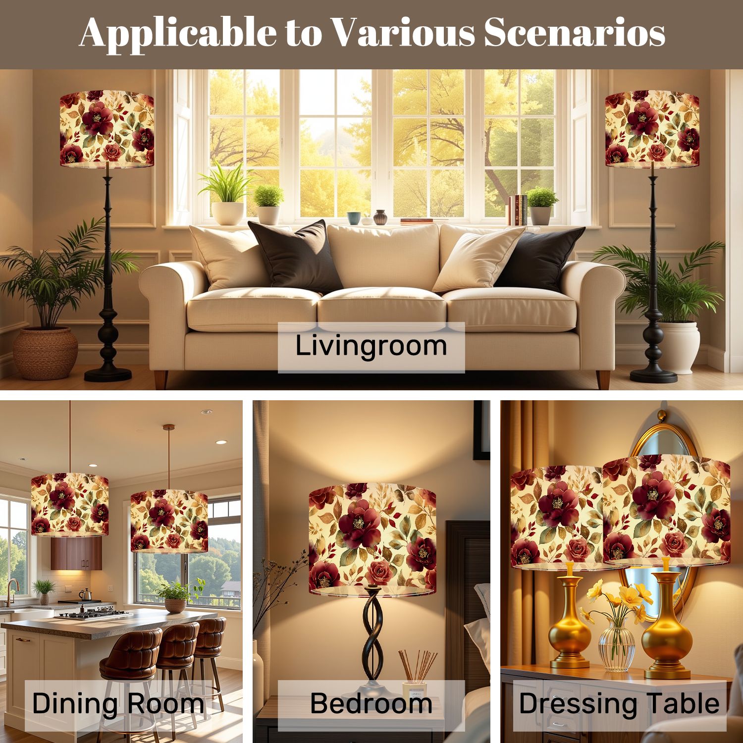 Lampshades 2 Pack gold burgundy flowers leaves Hand drawn floral for fabric 13"x13"x10" Light Shade for Table Lamps Floor Lamps Drum Lamp Shades Lampshade Replacement Easy Assembly
