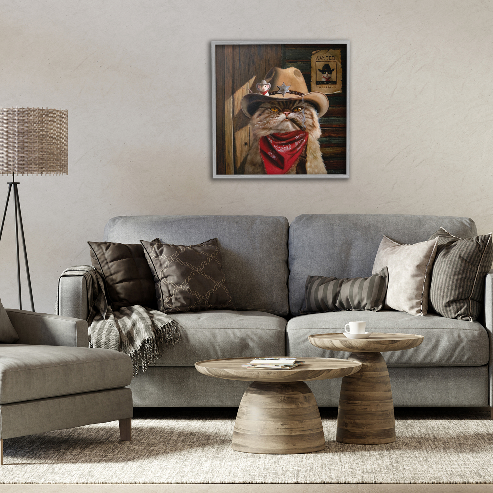Deputy Purrkins Cat Sheriff Gray Framed Giclee Art, design by Lucia Heffernan