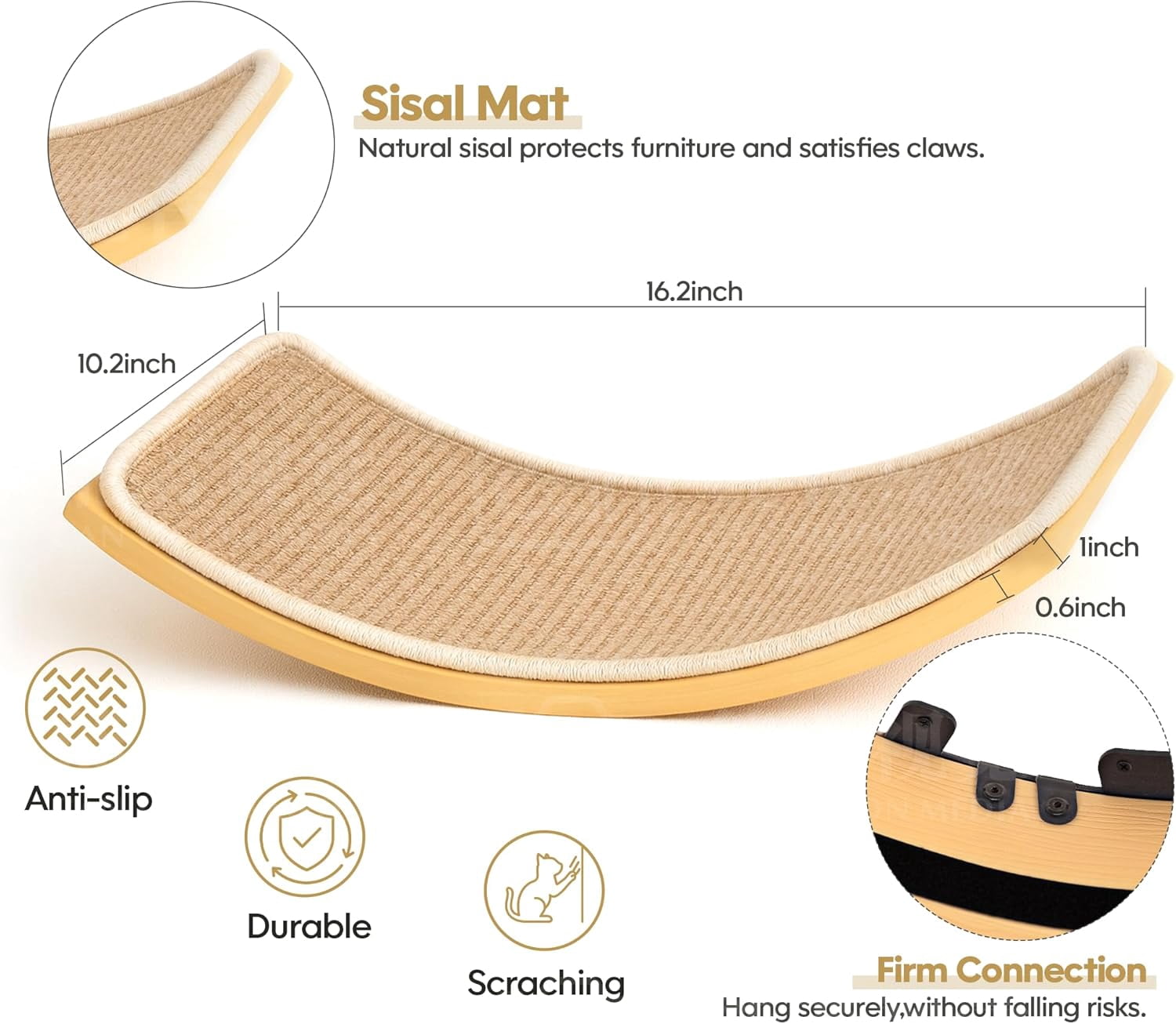 Peluomoz Curved Wood Cat Wall Perch – Wall-Mounted Floating Indoor Platform with Sisal Mat (Sleeper & Climb Shelf)