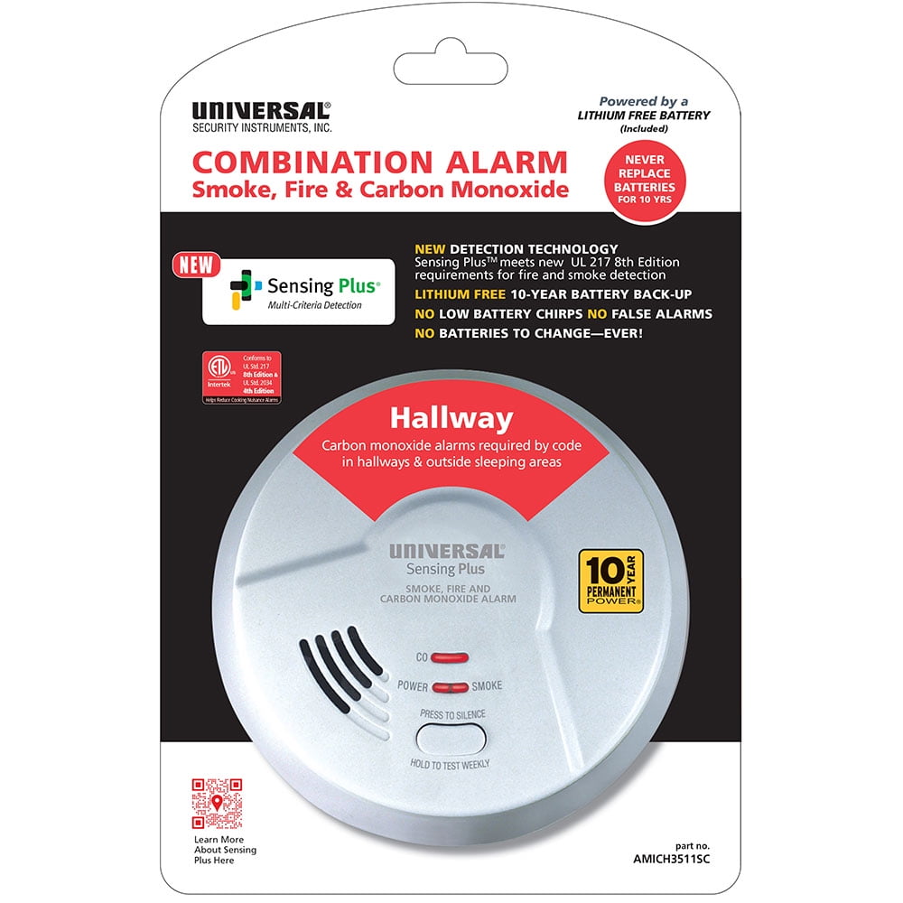 Universal Security Instruments, Sensing Plus, Combo Smoke, Fire & Carbon Monoxide Alarm, Multi-Criteria Detection, with 10-Year Battery, 4 Pack