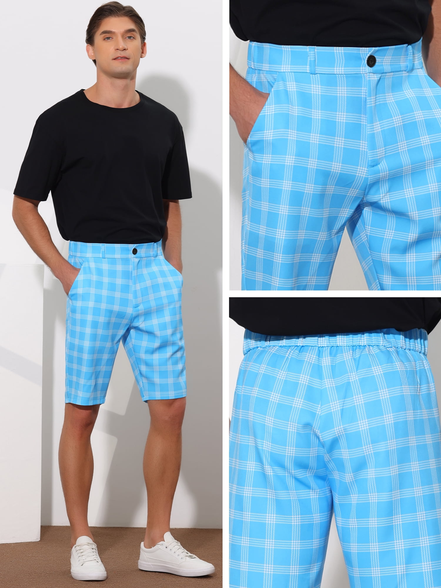 Unique Bargains Men's Plaid Shorts Flat Front Color Block Checked Shorts with Pockets 30 Blue