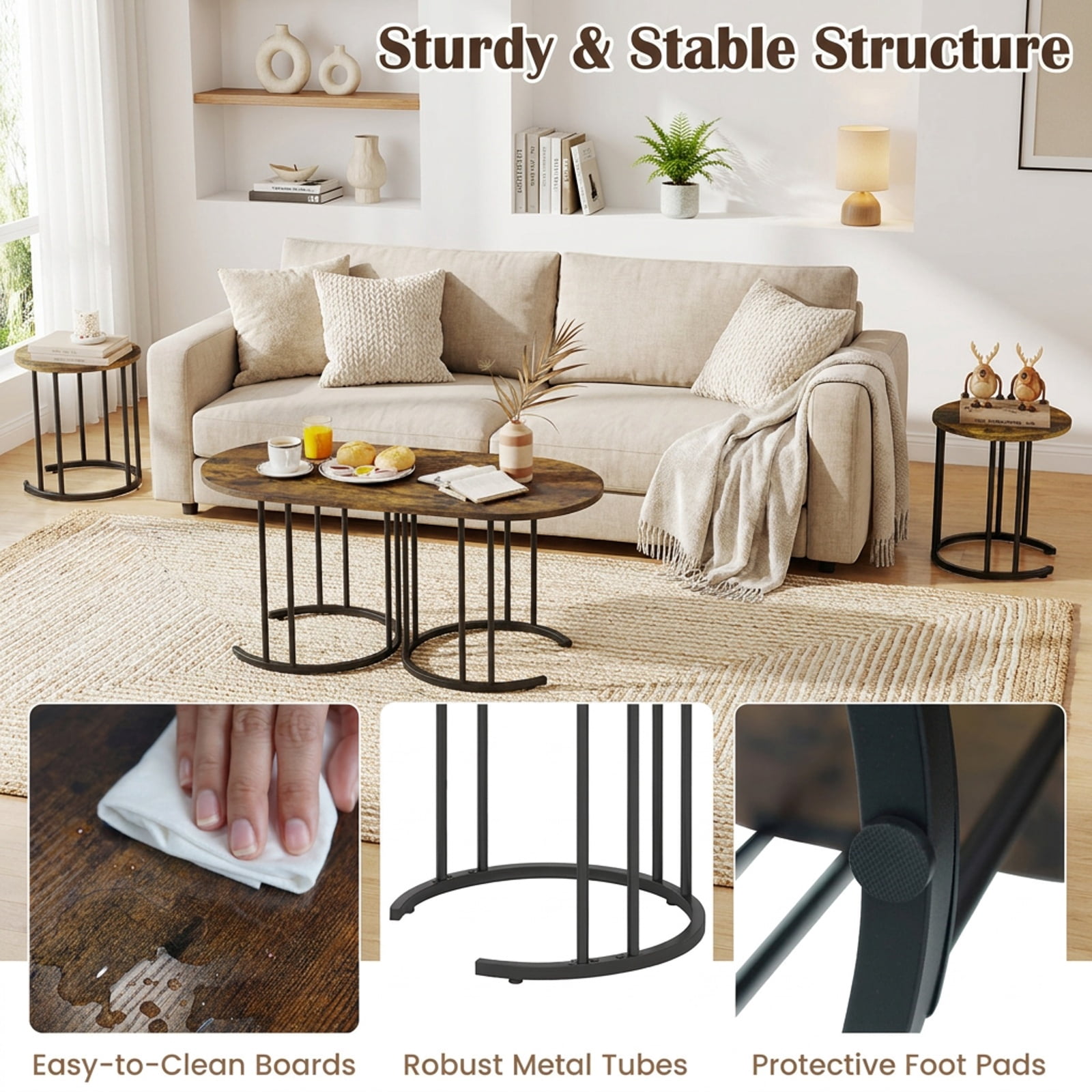 Furnibear Nesting Coffee Table Set of 3 with Wood Grain Tabletop and Powder Coated Black Metal Frame for Living Room, Rustic Brown