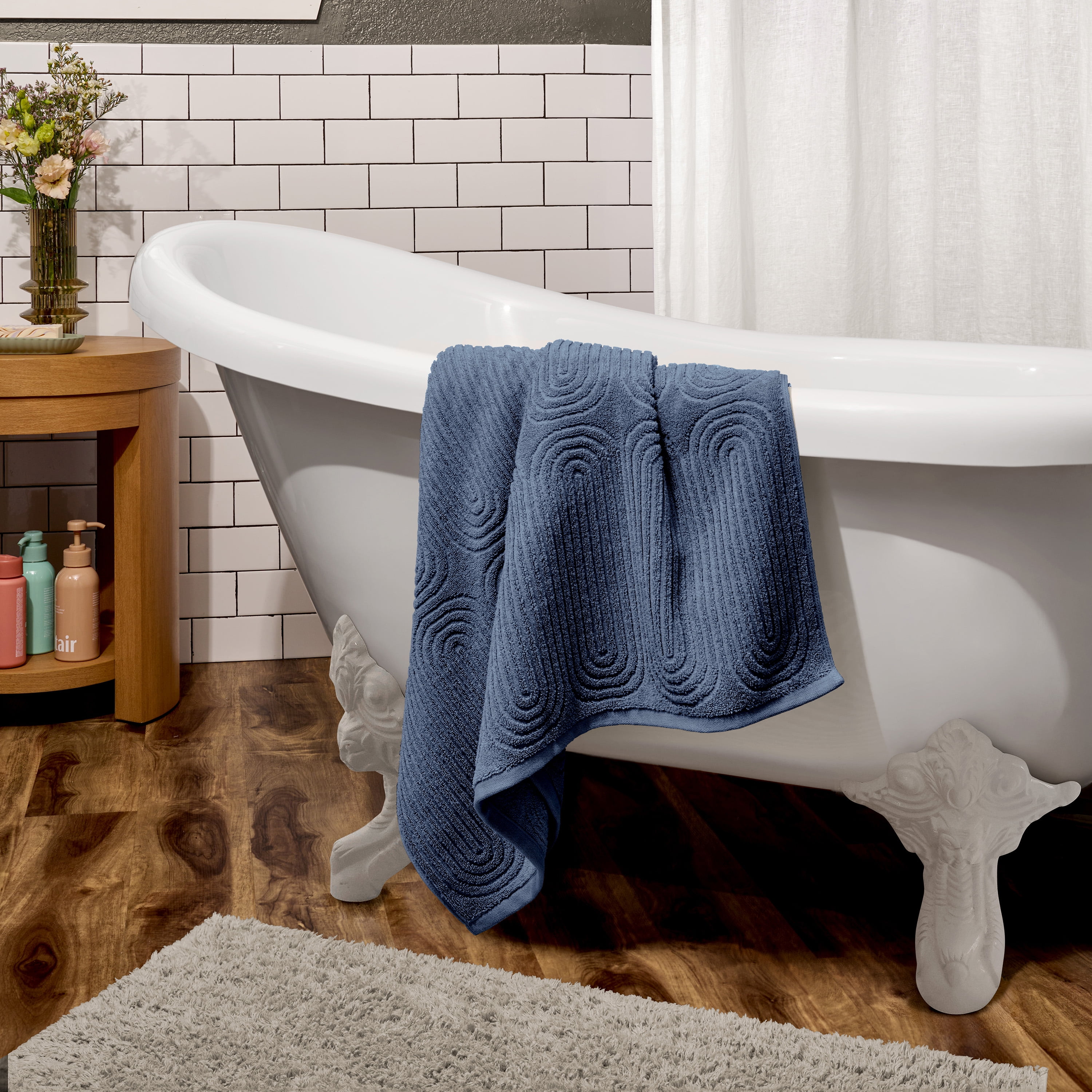 Beautiful by Drew Barrymore Textured Bath Towel, Soft 100% Cotton, Smokey Blue