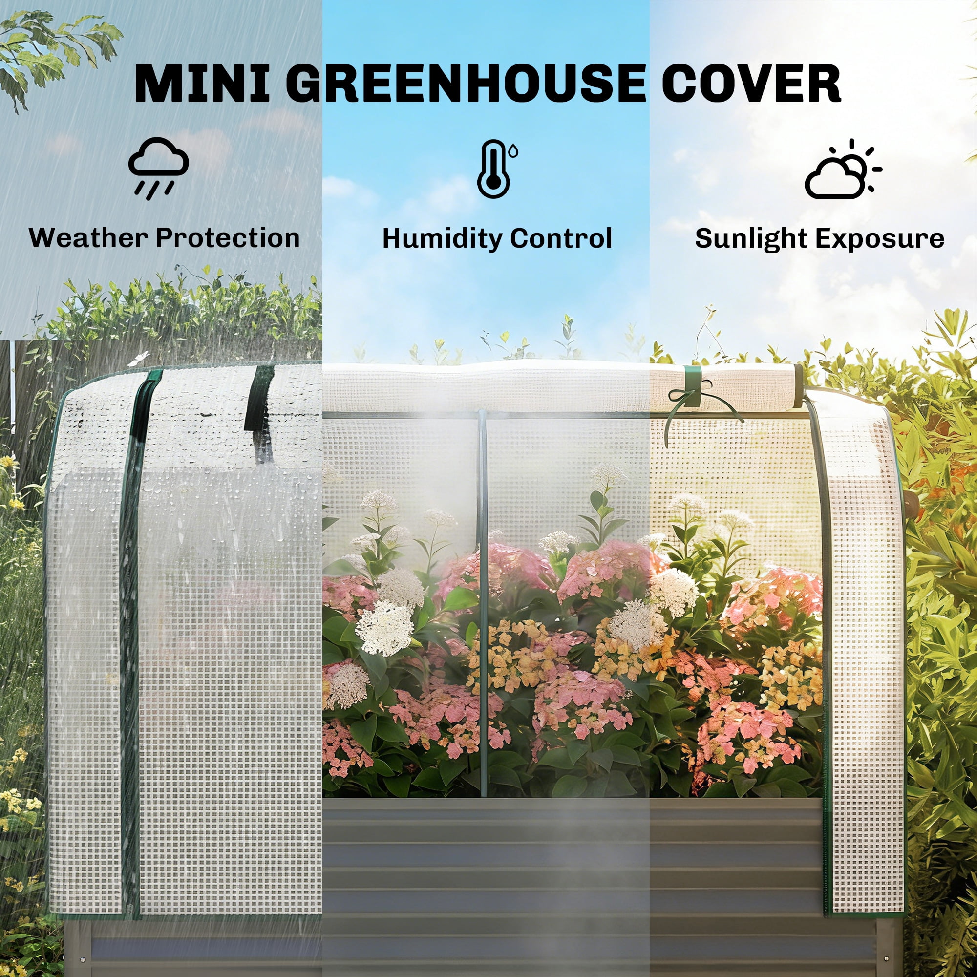 Outsunny Galvanised Raised Garden Bed with Greenhouse Cover, Metal Elevated Garden Bed with Bed Liner and Bottom Shelf, Dark Gray
