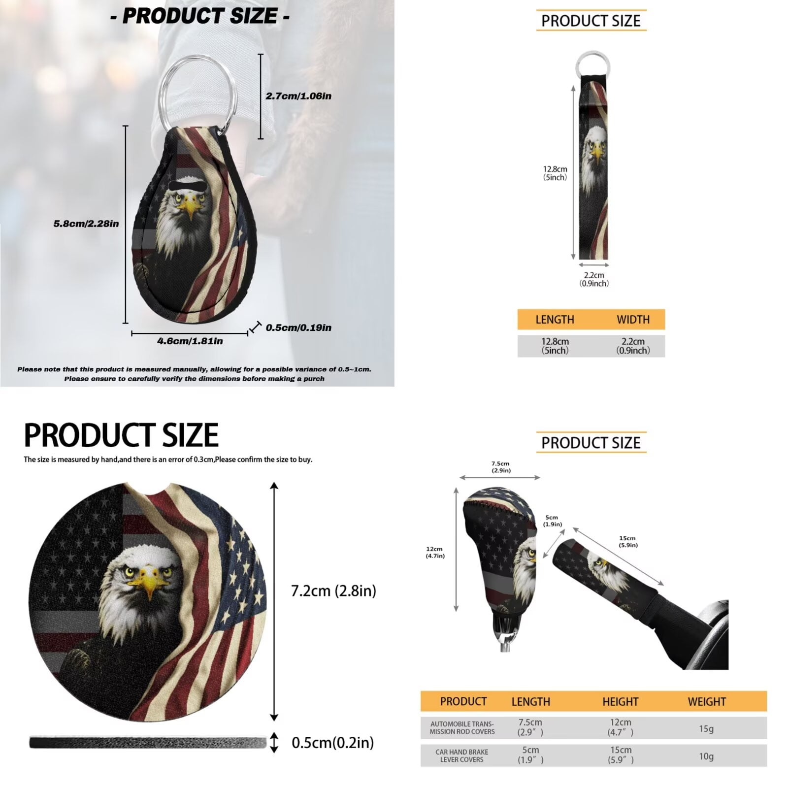 Uorisanigo American Flag Eagle Car Seat Covers Set with Wheel Cover Protector/Seat Belt Strap Pads/Center Console Cover/Headrest/Gear Shift & Handbrake Covers/Cup Coasters/Keychain,18 Packs