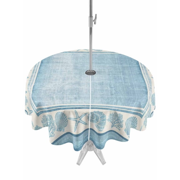 Outdoor Tablecloth with Umbrella Hole & Zipper, Light Blue Beach Coastal Round Tablecloth 54 Inch, Summer Nautical Starfish Shell Coral Vintage Patio Table Cover Waterproof Table Cloth for Picnic