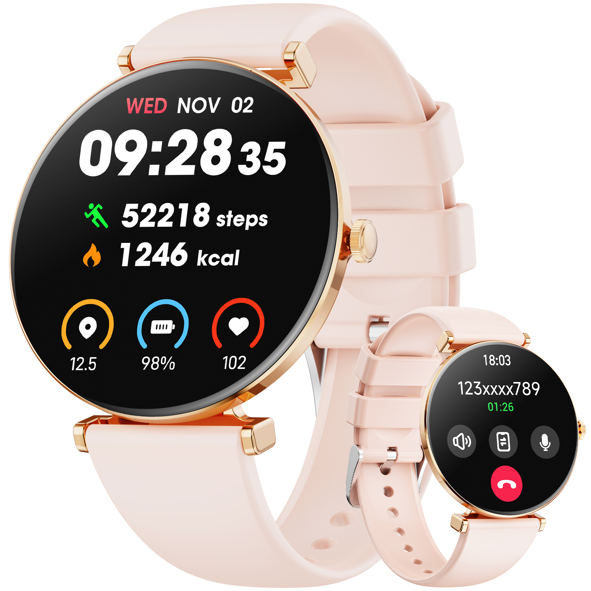 【AMOLED】Mingdaln 42mm Smart Watch for Women, fits for Android and Iphone Devices,with IP68 Waterproof/150+ Sport Modes，perfect gift，2 straps（Gold）